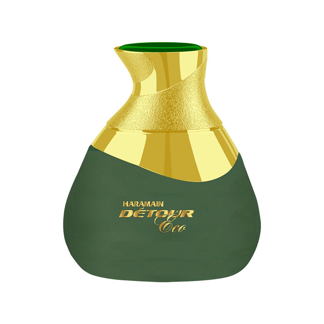 A green and gold bottle of AL Haramain Detour Eco 100ml Eau De Parfum stands against a white background, highlighting this eco-conscious fragrance by AL Haramain.