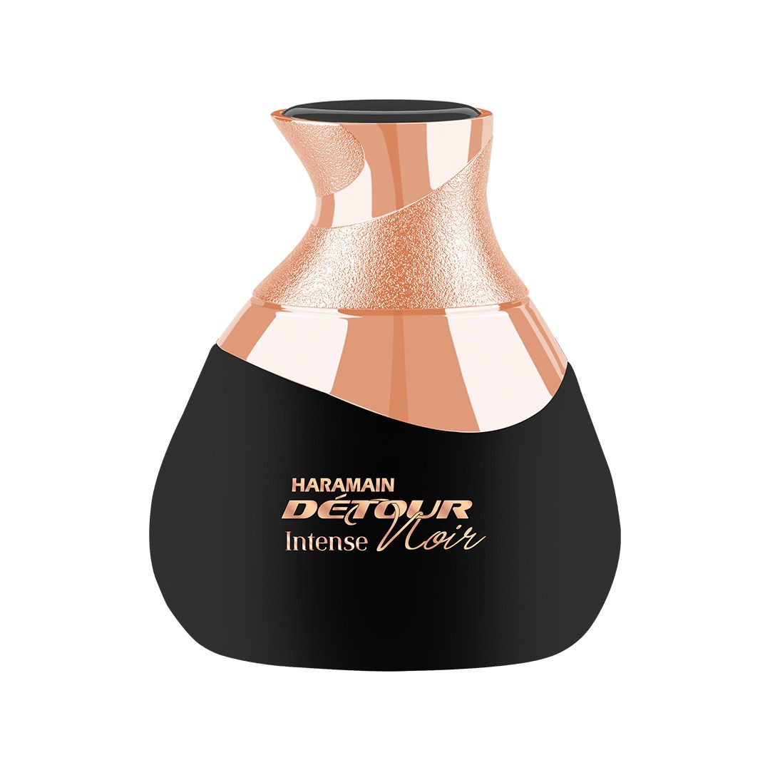 A black and rose gold AL Haramain Intense Noir 100ml Eau De Parfum bottle sits on a white background, offering a captivating fragrance suitable for men and women.