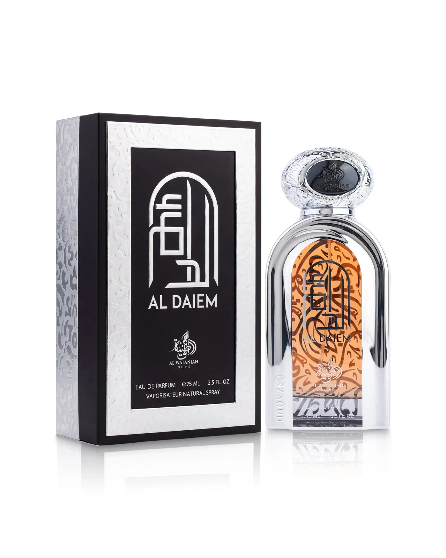 A bottle of Al Wataniah Al Daiem 75ml EDP by Al Wataniah is positioned beside its corresponding black and silver box, both adorned with intricate designs and Arabic script. This refined unisex fragrance impresses with every element, embodying timeless elegance through its scent and striking presentation.