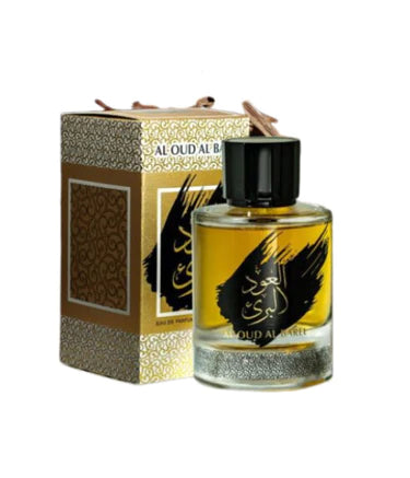 A bottle of Fragrance World Al Oud Al Baree 100ml Eau De Parfum in front of a box.