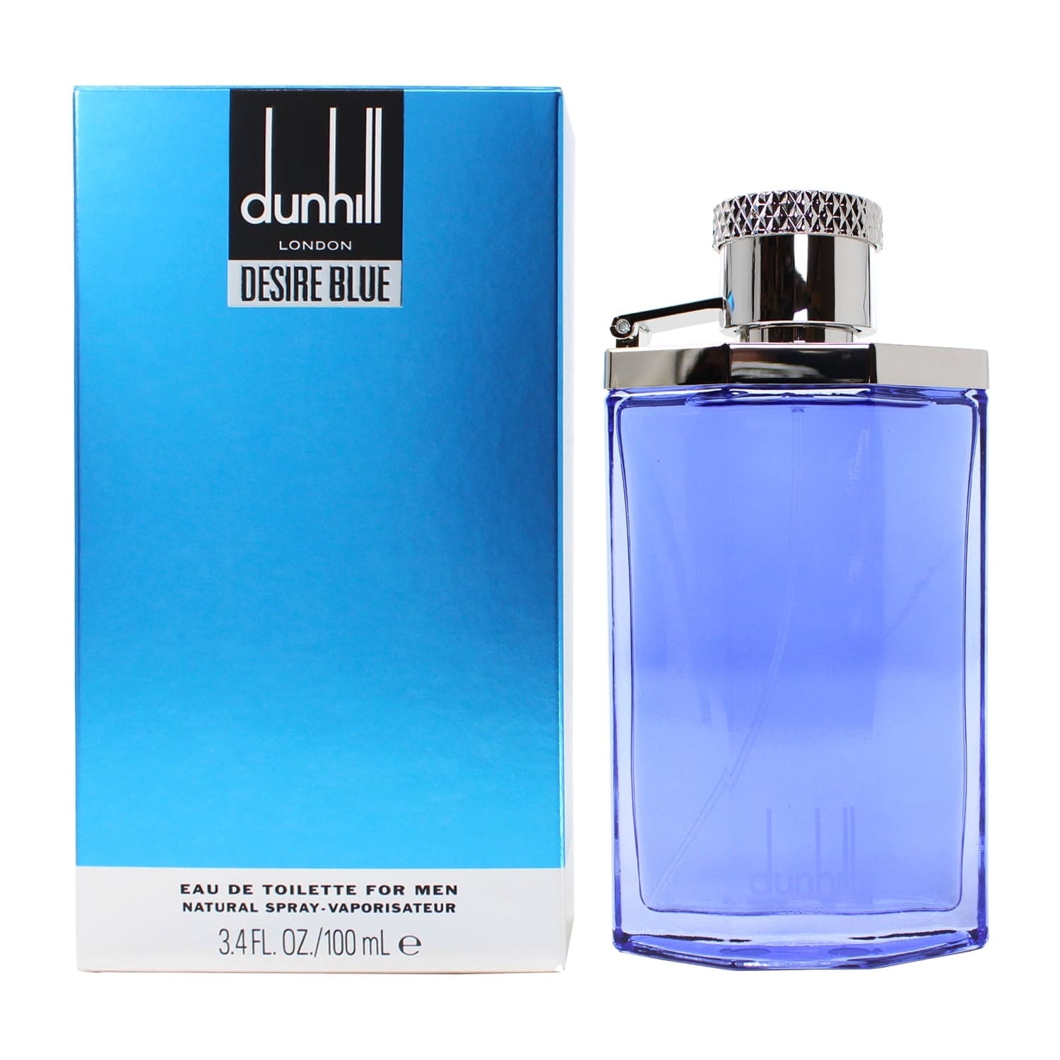 A blue box labeled “Dunhill Desire Blue” stands beside a corresponding 100ml Dunhill Desire Blue perfume bottle with a silver cap, highlighting this refreshing men’s fragrance known for its signature Aromatic Green notes.