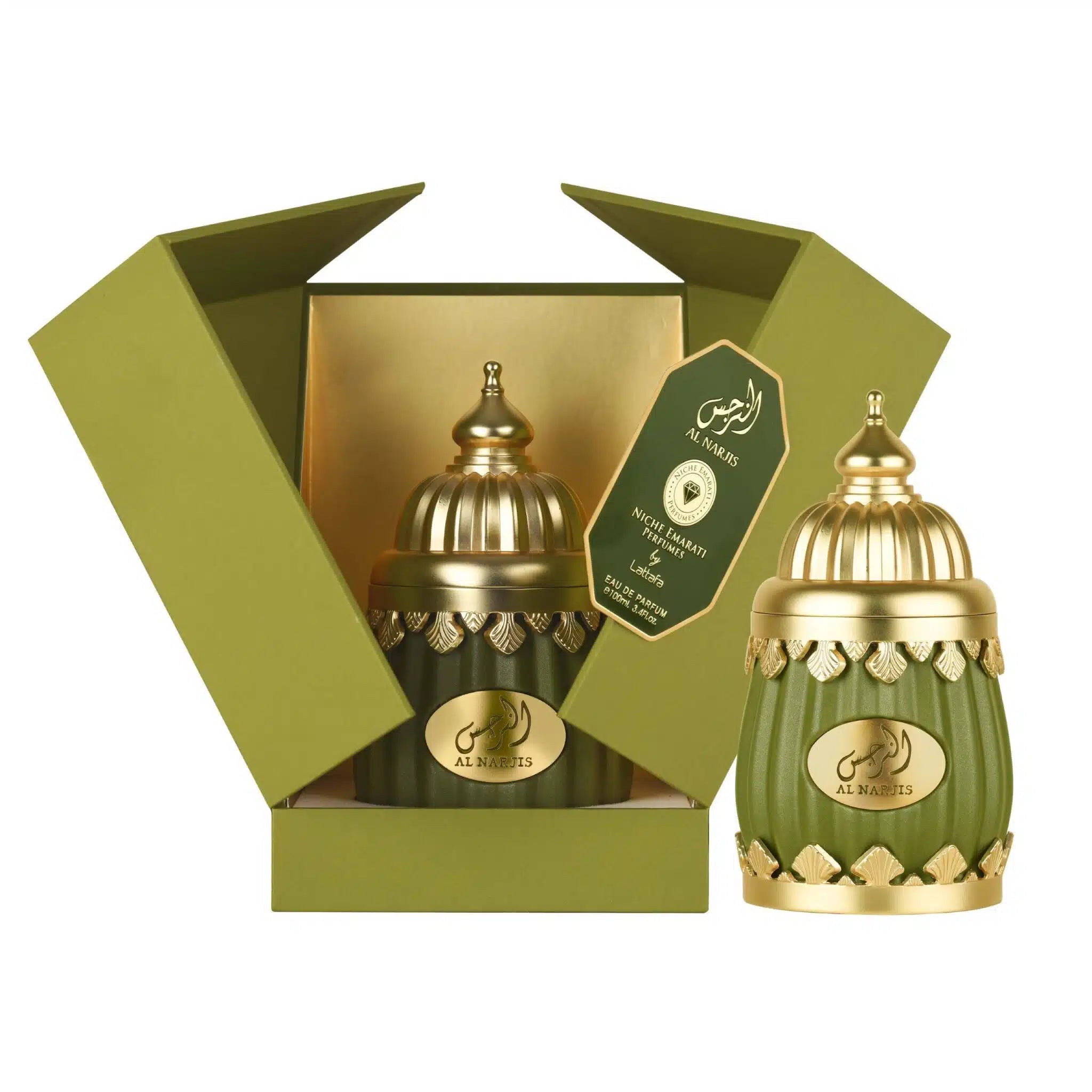 A green and gold decorative perfume bottle with a matching lid is showcased beside an open olive green box adorned with gold accents and the Lattafa Al Najris 100ml EDP label, reflecting the refined elegance of Lattafa’s signature amber fragrance within.