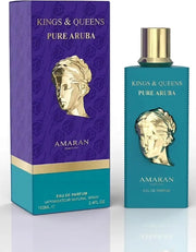 A blue and gold Amaran Kings & Queens Pure Aruba 100ml Eau De Parfum bottle stands by its matching box, highlighting the luxurious fragrance from Amaran.