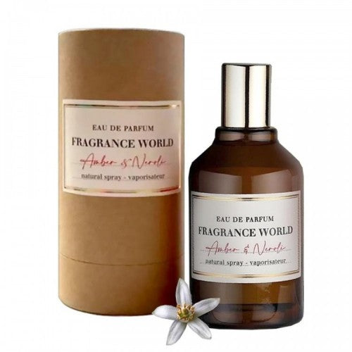 A bottle of Fragrance World Amber & Neroli 100ml Eau De Parfum stands beside a matching cylindrical box, both featuring the Fragrance World branding; a small white flower rests in front, evoking the warm and luminous essence of amber and neroli.