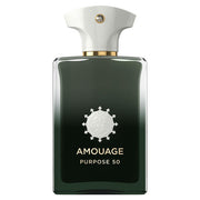 Amouage Purpose 50 100ml Extrait De Parfum by Amouage features a dark green and white unisex bottle with gold accents, a decorative emblem, and offers a spicy aromatic fragrance.