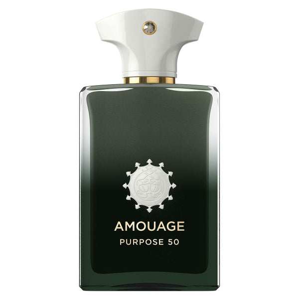 Amouage Purpose 50 100ml Extrait De Parfum by Amouage features a dark green and white unisex bottle with gold accents, a decorative emblem, and offers a spicy aromatic fragrance.