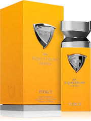 A yellow box and matching unisex 100ml perfume bottle from French Avenue's An Equestrian Series Pierce, both featuring a metallic emblem.