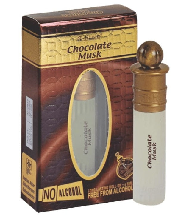 A box and bottle of Rio Perfumes coc musk al nuaim (Copy) roll-on perfume, alcohol-free and long-lasting, with gold and brown packaging.