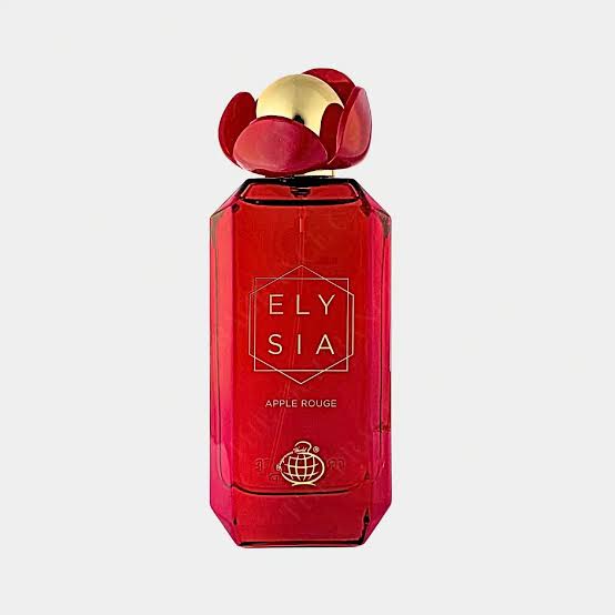 A red Fragrance World Fragrance Elysia Apple Rouge 100ml EDP bottle with a gold flower-shaped cap, photographed against a plain white background, highlighting the perfume’s captivating fruity-floral scent.