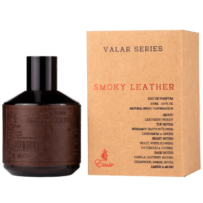 A bottle of Paris Corner Emir Valar Series Smoky Leather 100ml Eau De Parfum is shown next to its brown box, which lists the fragrance notes and details.