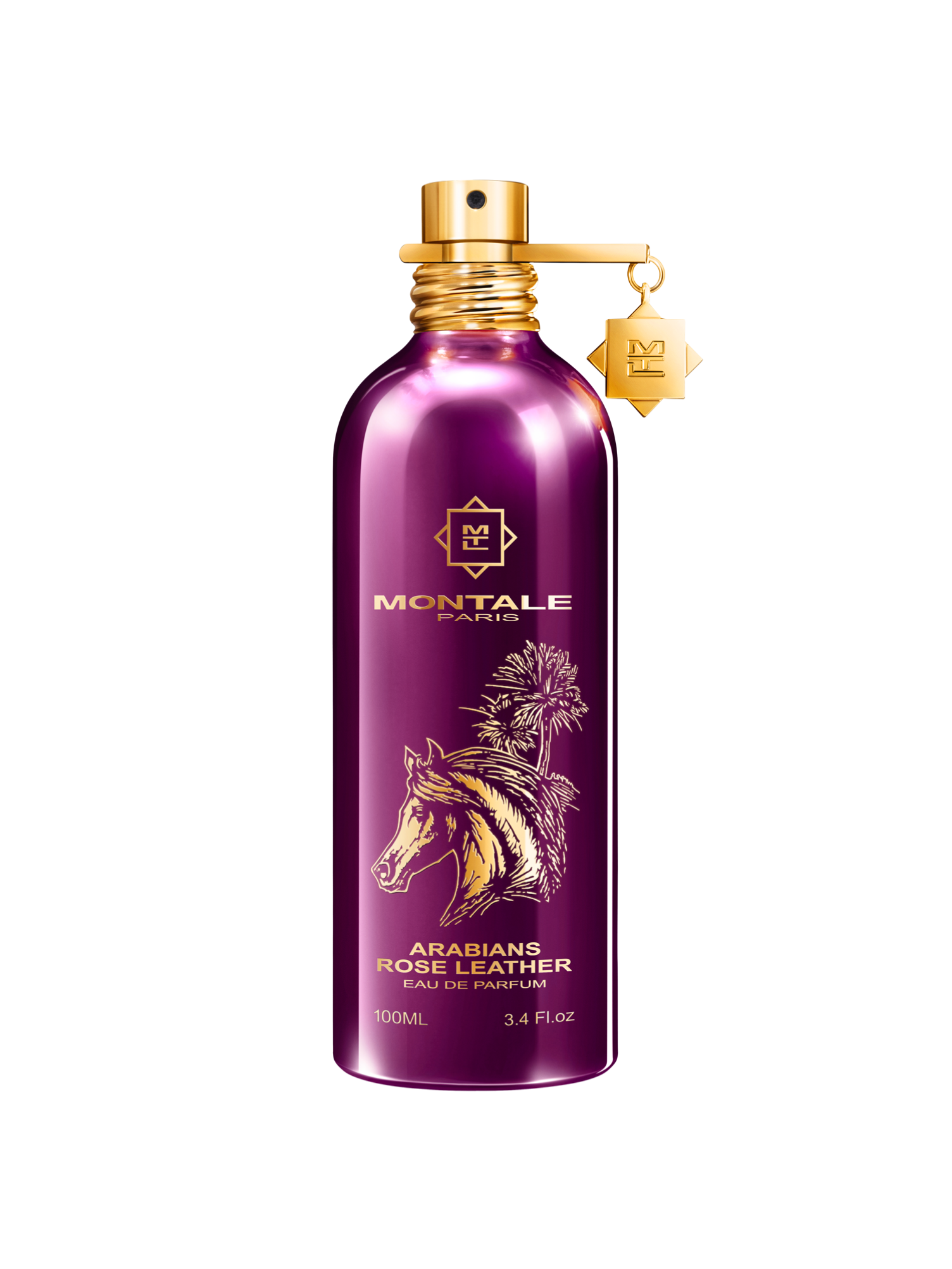 The Montale Paris Arabians Rose Leather 100ml EDP features a metallic purple bottle with gold accents and a horse illustration, reflecting the luxurious unisex leather fragrance within.