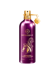 The Montale Paris Arabians Rose Leather 100ml EDP features a metallic purple bottle with gold accents and a horse illustration, reflecting the luxurious unisex leather fragrance within.