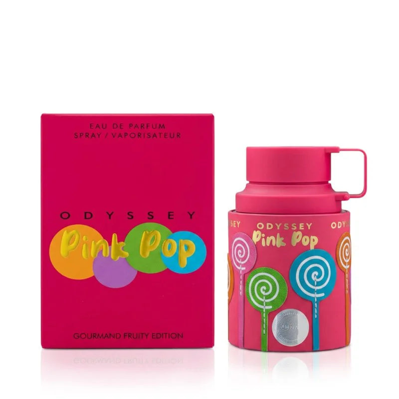 A 100ml pink bottle and box of Armaf Odyssey Pink Pop Eau de Parfum by Armaf, adorned with colorful lollipop designs and described as a gourmand fruity-floral fragrance.