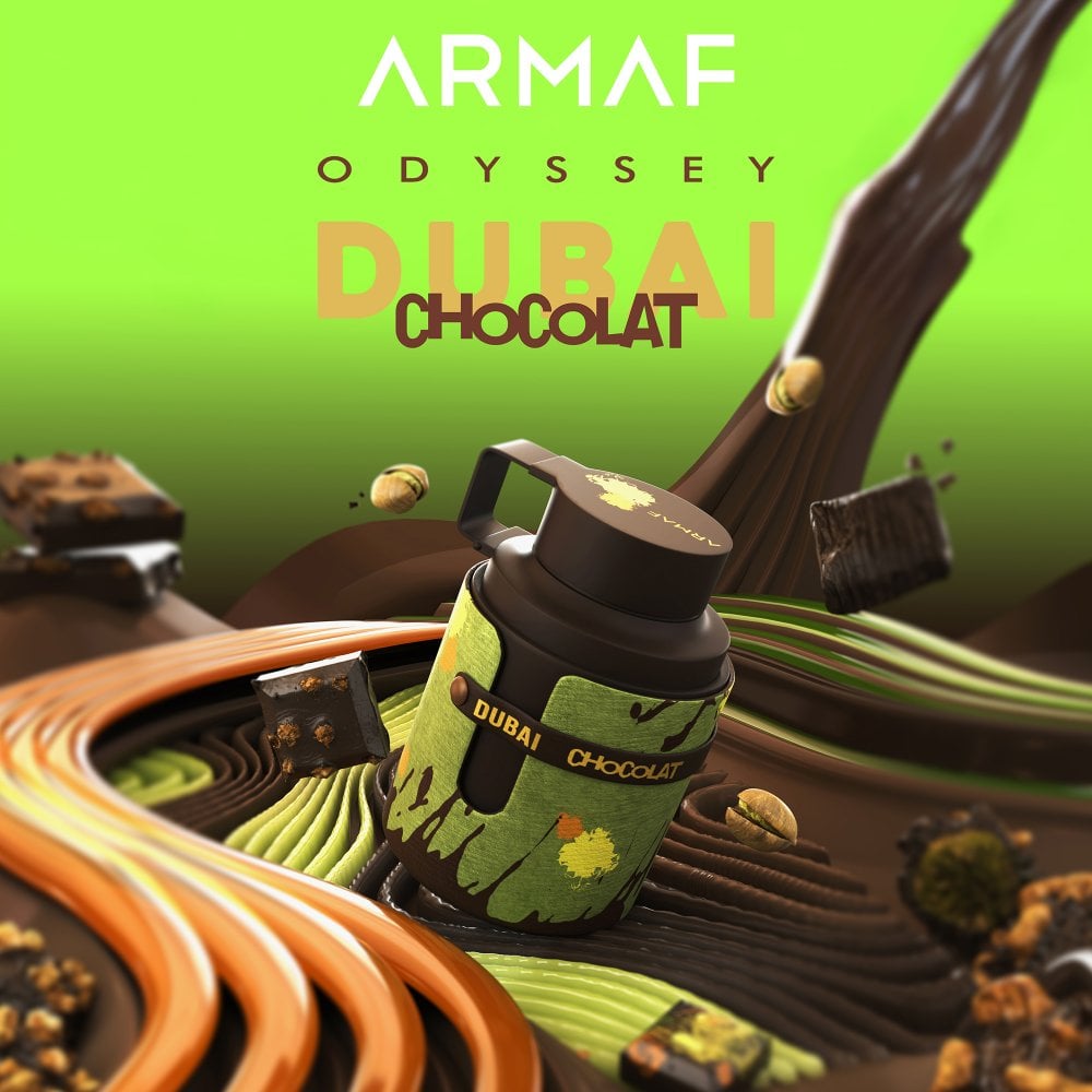 Armaf Dubai Chocolate 100ml EDP is showcased amid swirling chocolate, pistachios, and chocolate pieces, with the Armaf branding above, evoking a luxurious gourmand fragrance experience.