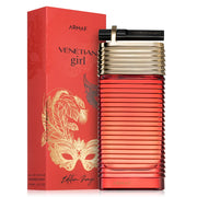 A striking red and gold bottle of Armaf Venetian Girl Edition Rouge 100ml EDP stands beside its matching box with a masquerade mask design—an alluring women’s fragrance from Armaf.