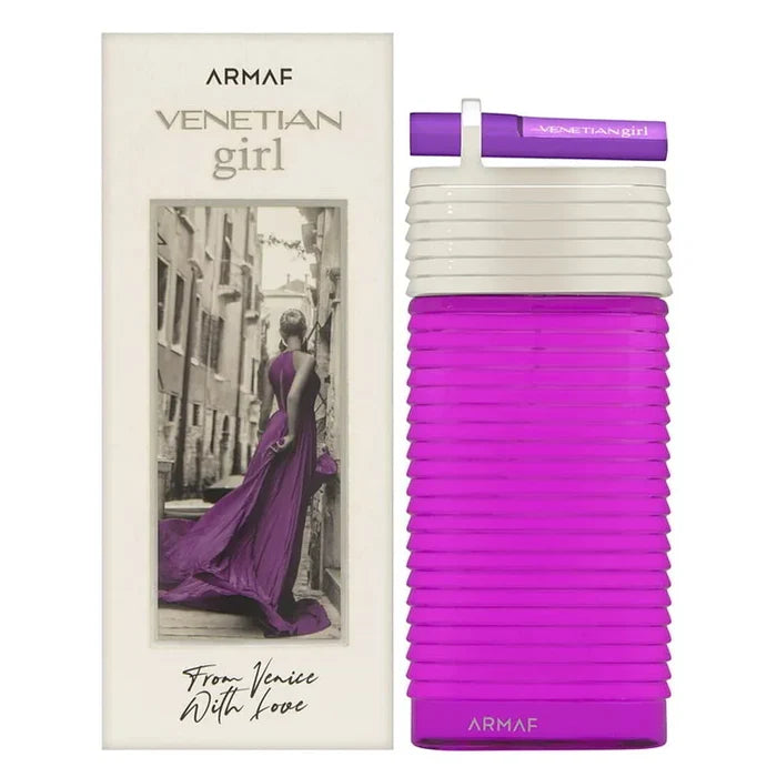 A 100ml bottle of Armaf Venetian Girl Eau De Parfum stands next to its box, which features a woman in a purple dress and the phrase "From Venice With Love," reflecting the allure of this women’s fragrance by Armaf.