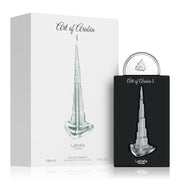 The "Lattafa Art of Arabia 100ml Eau de Parfum" by Lataffa features elegant packaging with a tall building design on the bottle and box, capturing the essence of elegance in its exquisite Citrus Aromatic fragrance.