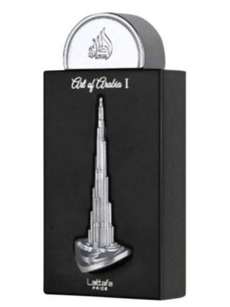 The Lattafa Art of Arabia 100ml Eau de Parfum by Lataffa features a black rectangular bottle with a silver Burj Khalifa design, round cap, and offers an elegant Citrus Aromatic fragrance.