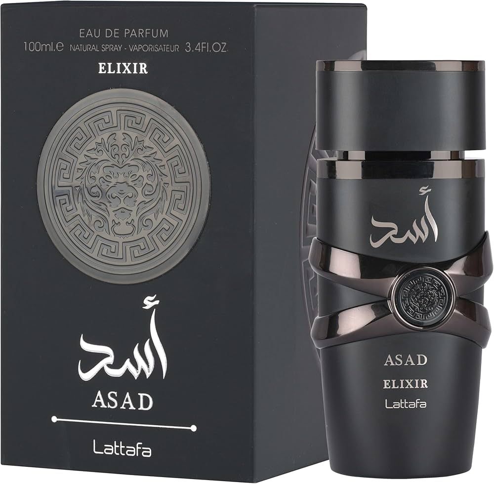 Lattafa Asad Elixir 100ml Eau De Parfum by Lattafa comes in a sleek black bottle and box with silver details, Arabic script, and a lion head emblem—a refined men’s fragrance symbolizing power and sophistication.