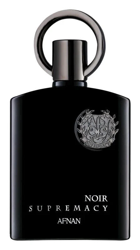 Afnan Supremacy Noir 100ml EDP by Afnan comes in a black bottle with a silver circular cap, featuring silver logo and text on the front. This fragrance has an Oriental Spicy scent.