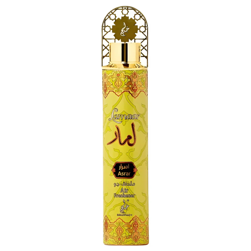 A tall yellow Khadlaj Lamaar Asrar Air Freshener with a decorative gold cap and Middle Eastern-inspired design, delivering a sophisticated scent.