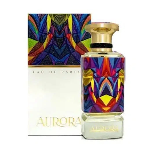 A 100ml EDP unisex perfume by Fragrance World, Aurora, in a colorful geometric-patterned bottle and box with gold accents.