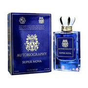 A blue box and bottle of Autobiography Super Nova Eau De Parfum by Autobiography, both adorned with gold and white crest designs, are placed side by side. This captivating unisex fragrance is beautifully presented, making it a standout in any collection.