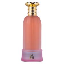 The Paris Corner Bayn Al Asrar 80ml Eau De Parfum, by Paris Corner, features a pink and gold bottle with a rounded cap and emblem, set on a white background, reflecting the fruity floral notes of this unisex fragrance.