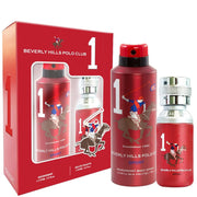 Introducing the Berverly Hills Polo Club No. 1 100ml Gift Set by Berverly Hills, featuring a red deodorant body spray and eau de toilette bottles with matching packaging adorned with the iconic polo player graphic. This long-lasting fragrance for men offers signature sophistication and freshness in every spray, making it an ideal present.