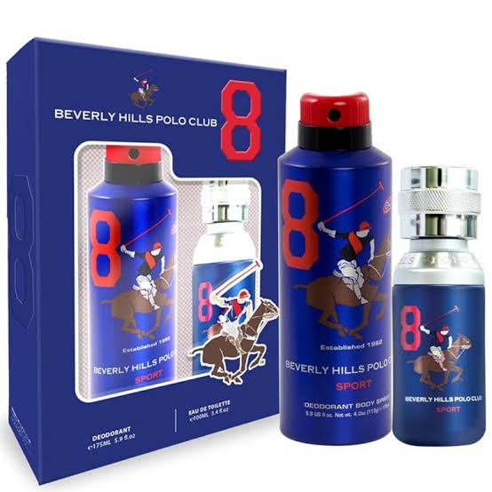Introducing the Berverly Hills Polo Club no.8 100ml Gift Set by Berverly Hills, featuring a blue deodorant spray, a sleek silver perfume bottle, and a coordinating gift box adorned with the iconic horse and rider logo alongside a bold red 8. This woody spicy fragrance is an invigorating scent, making it the ideal gift set for those who love bold, dynamic aromas.