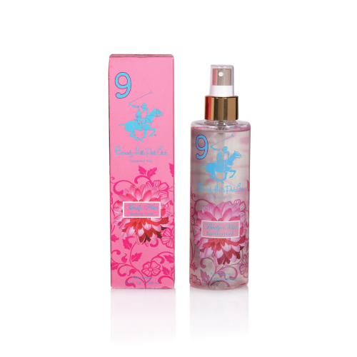 The Beverly Hills Polo Club Body Mist Sparkling Floral 200ml features a pink bottle and box with a sparkling floral design and the number 9.