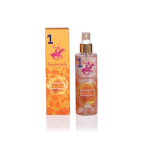 A floral-designed box and bottle of Beverly Hills Polo Club Body Mist, Evoking Gardenia (200ml), features the number 1 and an orange image.