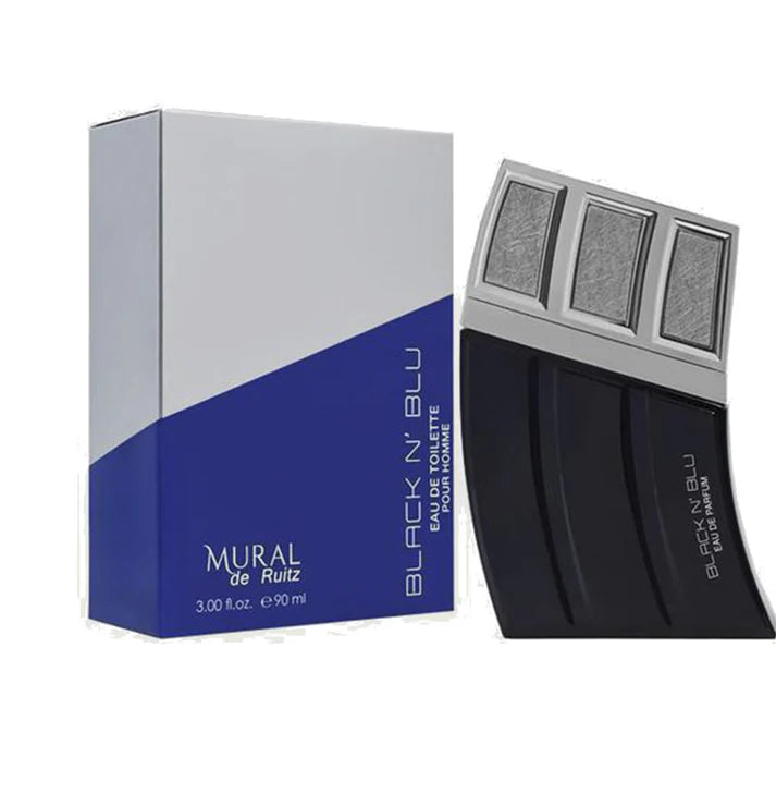 Mural de Ruitz Black N Blue 90ml Eau de Toilette comes in a stylish blue, gray, and black geometric box and bottle—a versatile fragrance for men and women from Mural de Ruitz.