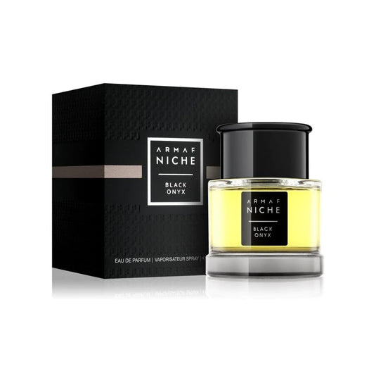 A men's fragrance bottle of Armaf Niche Black Onyx 90ml Eau De Parfum by Fragrance World on a white background.