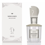 Mind Games Blockade 100ml Extrait De Parfum by Mind Games features a silver chess knight cap and white box, blending green mango and peppercorn notes for a distinctive scent experience.