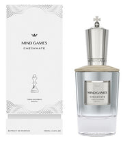 The Mind Games Checkmate 100ml Extrait de Parfum by Mind Games rests next to its white box adorned with a chess piece and sleek black lettering—an elegant fragrance blending tobacco and bourbon notes with depth.