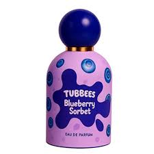 A purple bottle of Tubbies Blueberry Sorbet Eau de Parfum, a unisex fruity floral scent, features blue splashes and blueberry graphics on the label.