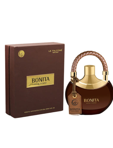 A bottle of Milestone's Le Falcone Bonita Pour Femme 100ml Eau De Parfum next to its packaging box.