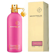 A 100ml Montale Paris Bubble Forever Eau De Parfum bottle in pink with a gold cap stands next to its beige and gold box, showcasing Montale Paris’s signature elegance and inviting comparison to refined floral fragrances.