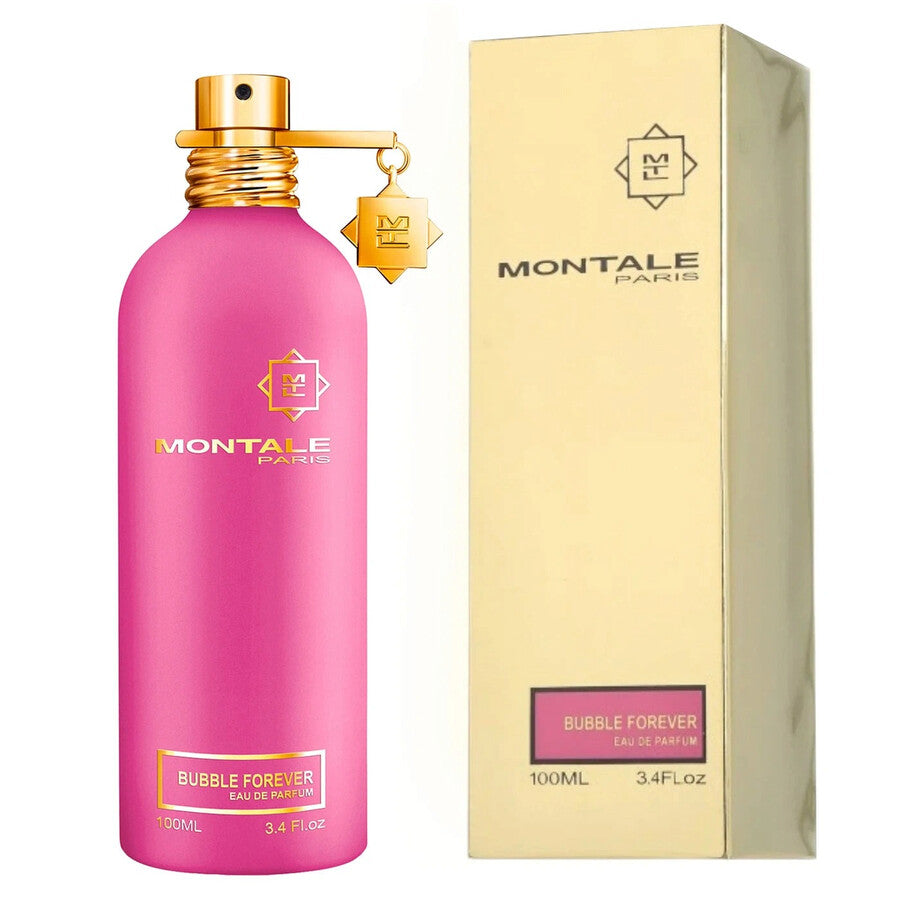 A 100ml Montale Paris Bubble Forever Eau De Parfum bottle in pink with a gold cap stands next to its beige and gold box, showcasing Montale Paris’s signature elegance and inviting comparison to refined floral fragrances.