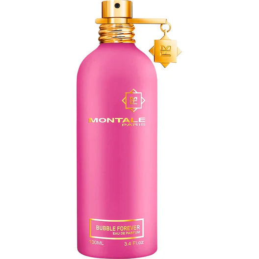 The Montale Paris Bubble Forever 100ml Eau De Parfum features a pink bottle with a gold cap and tag, offering Taif rose-inspired scents.