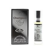 A 6ml bottle of Crown Perfumes Al-Rehab Champion Black concentrated perfume oil with a Woody Floral Musk scent is displayed next to its black box labeled "Free from Alcohol.