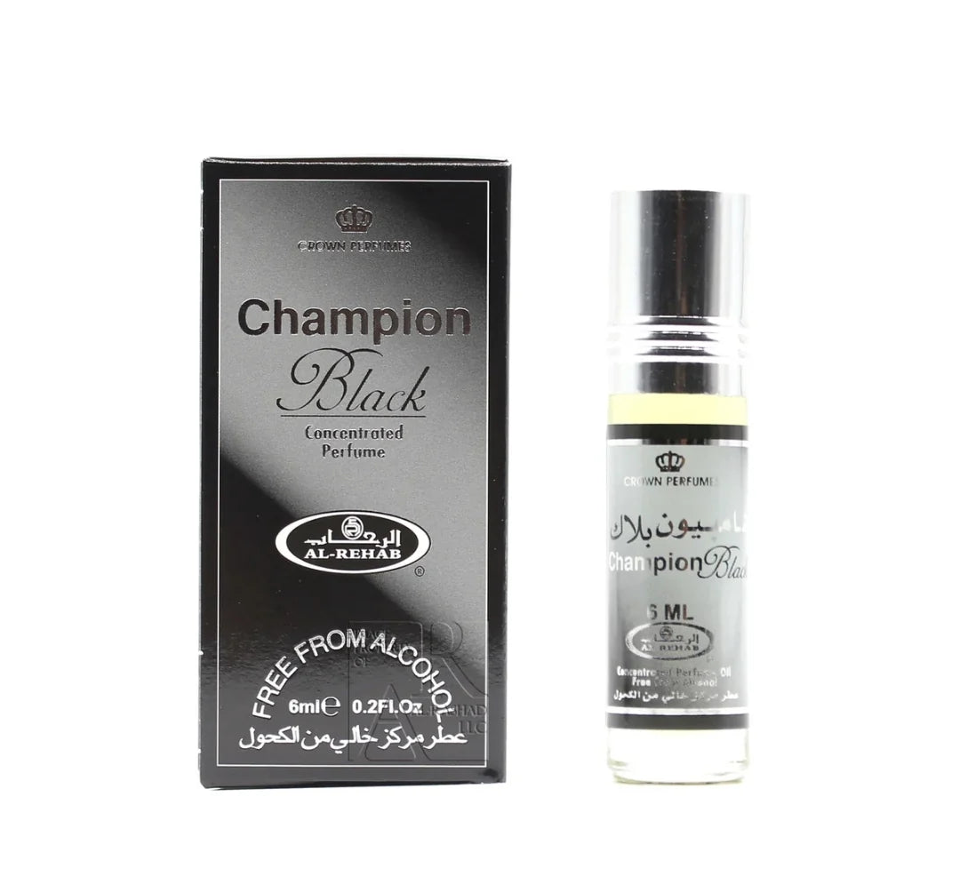 A 6ml bottle of Crown Perfumes Al-Rehab Champion Black concentrated perfume oil with a Woody Floral Musk scent is displayed next to its black box labeled "Free from Alcohol.