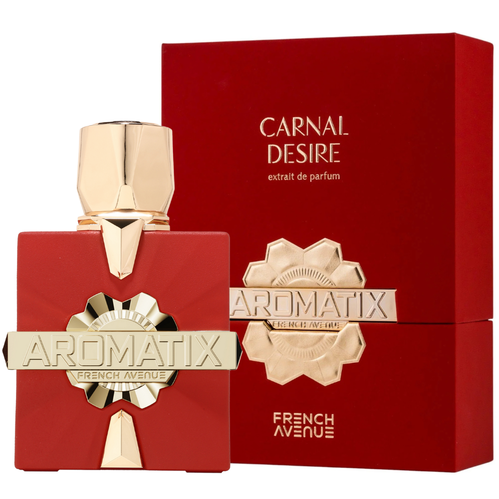 A red and gold bottle of French Avenue Carnal Desire 100ml Extrait De Parfum stands before a matching box, highlighting this alluring unisex fragrance from French Avenue.