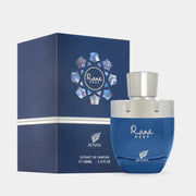 Afnan Rare Reef 100ml Extrait De Parfum (inspired by LV Pacific Chill) is displayed in a blue bottle next to its matching box, both featuring silver and iridescent accents. Brand: Afnan.