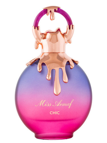 Miss Armaf Chic 100ml EDP by Armaf features a round bottle with a pink-to-purple gradient, gold "Miss Armaf Chic" lettering, and a gold dripping-effect cap with pink handle—an elegant Eau De Parfum for women.