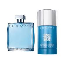 A 50ml bottle of Azzaro Chrome 50ml Eau De Toilette Gift Set for men, featuring a vibrant blue fragrance.