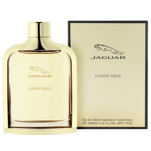A gold bottle of Jaguar Classic Gold 100ml EDT by Jaguar stands beside its matching box, both displaying the Jaguar logo and product name—a stylish men's fragrance.