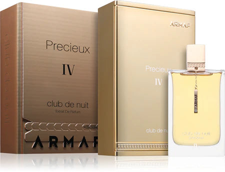 A gold box and bottle of Armaf Precieux IV Club De Nuit Extrait De Parfum by Armaf are displayed side by side against a white background.