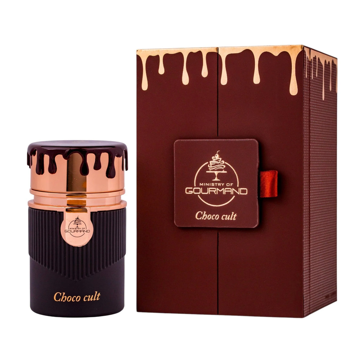 Paris Corner Choco Cult 100ml EDP comes in a brown bottle and box with metallic accents and a dripping chocolate design—a deliciously gourmand fragrance perfect for chocolate perfume lovers.